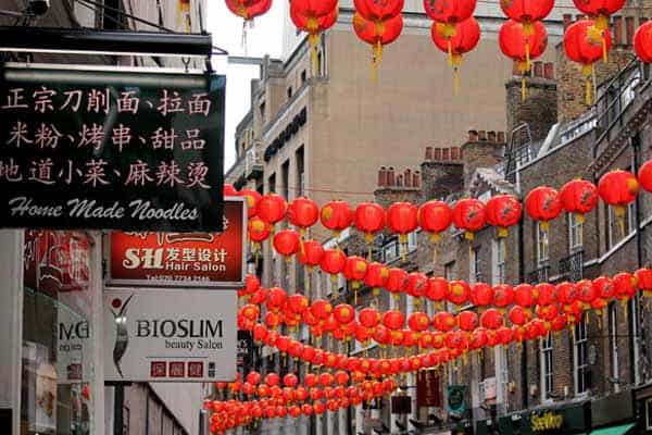 Lanterns strung in the streets of Chinatown in England