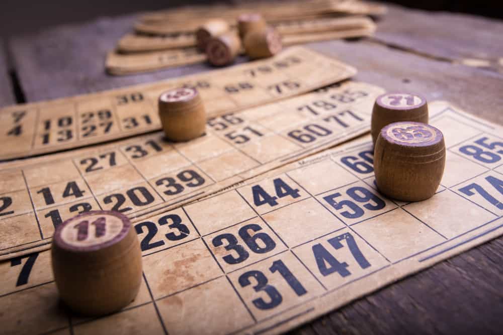old wooden bingo barrels and game cards