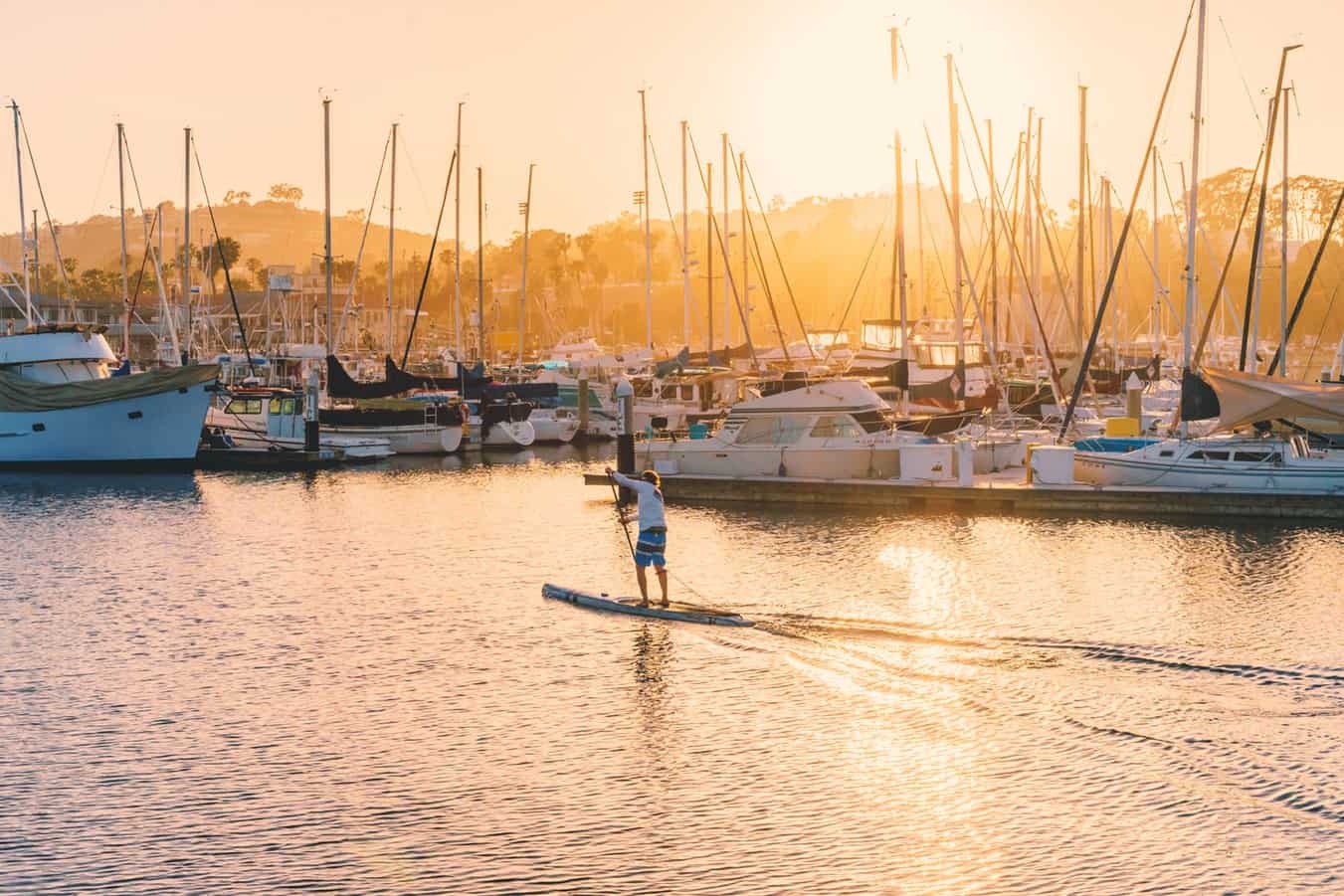 man on a stand up paddle board in a harbour